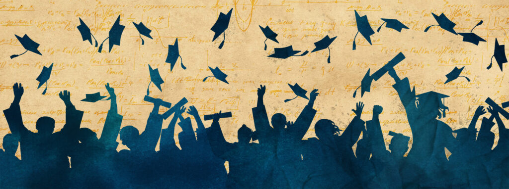 Illustration of graduates with diplomas and throwing hats