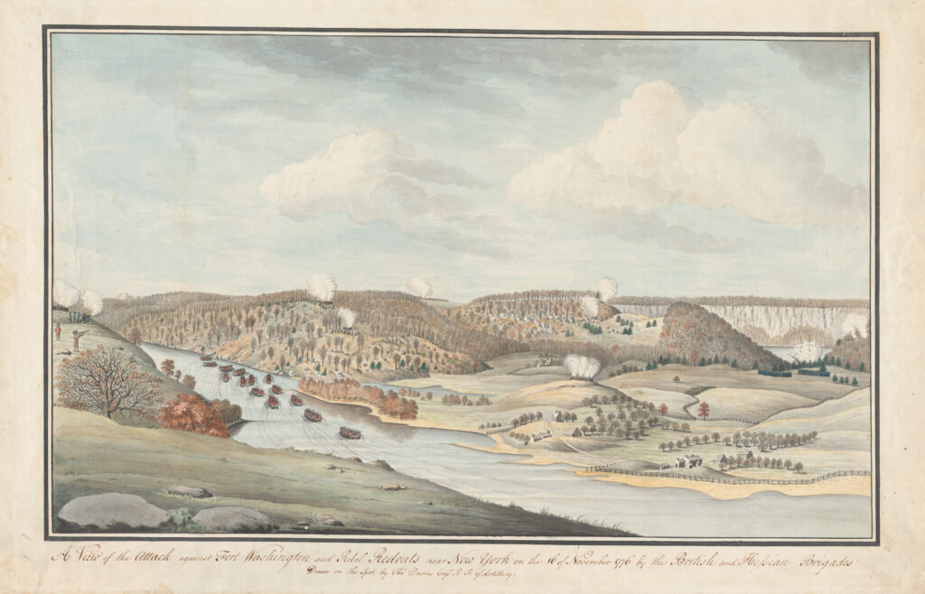 A view of the attack against Fort Washington and rebel redouts near New York on the 16 of November 1776 by the British and Hessian brigades. Drawing by Thomas Davies, ca. 1776-1812. Credit: The New York Public Library