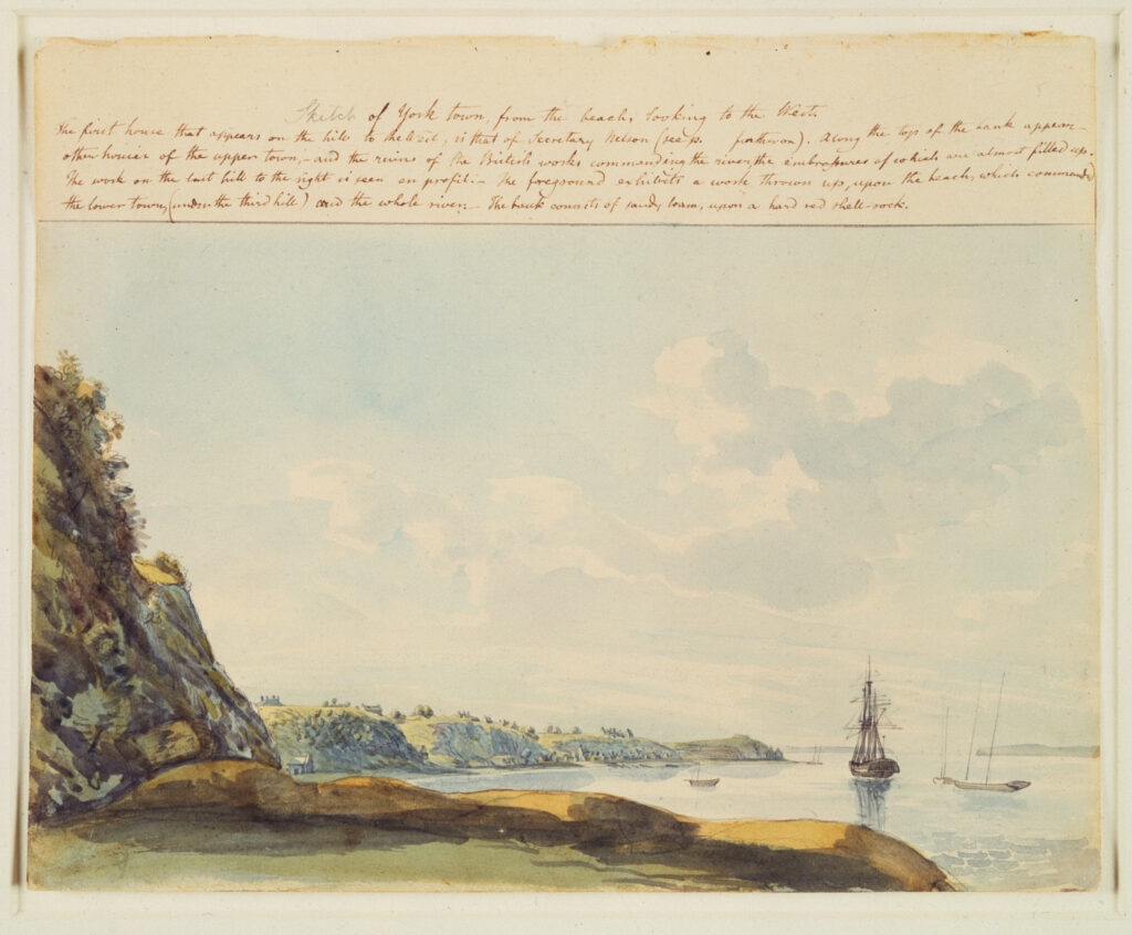 Sketch of Yorktown from the Beach, looking to the west. Watercolor by Benjamin Henry Latrobe, 1798-1807. Credit: Maryland Center for History and Culture