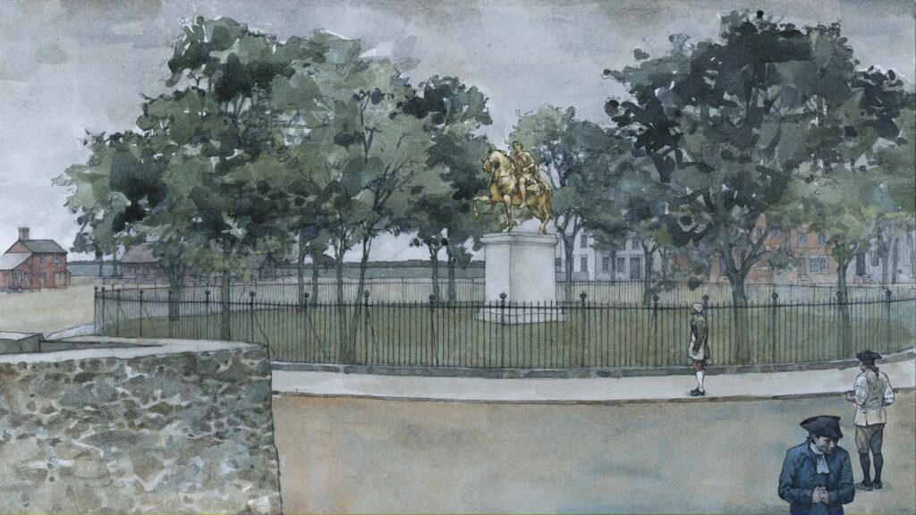 Statue of King George III in Bowling Green, New York City. Illustration by Wood Ronsaville Harlin, 2024. Credit: Original Illustrations created by Greg Harlin - Wood Ronsaville Harlin