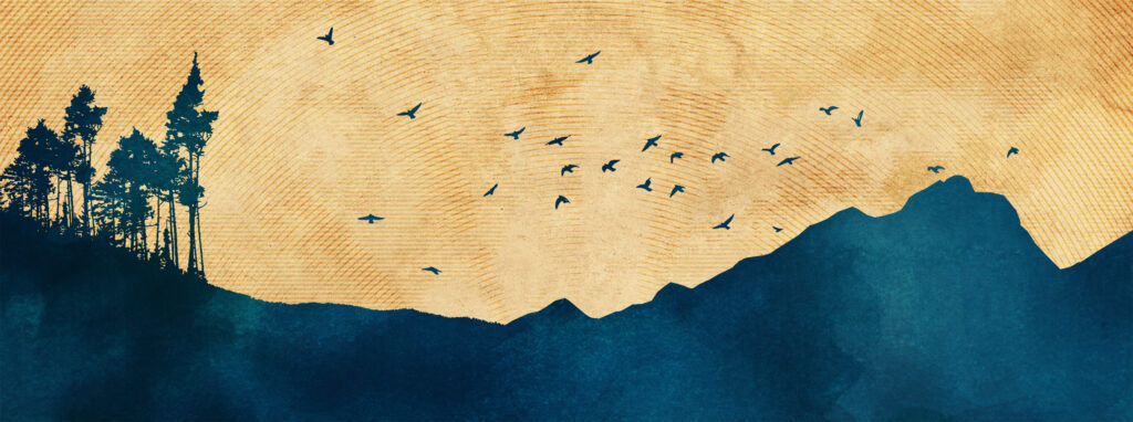 Illustration of birds and mountains and trees