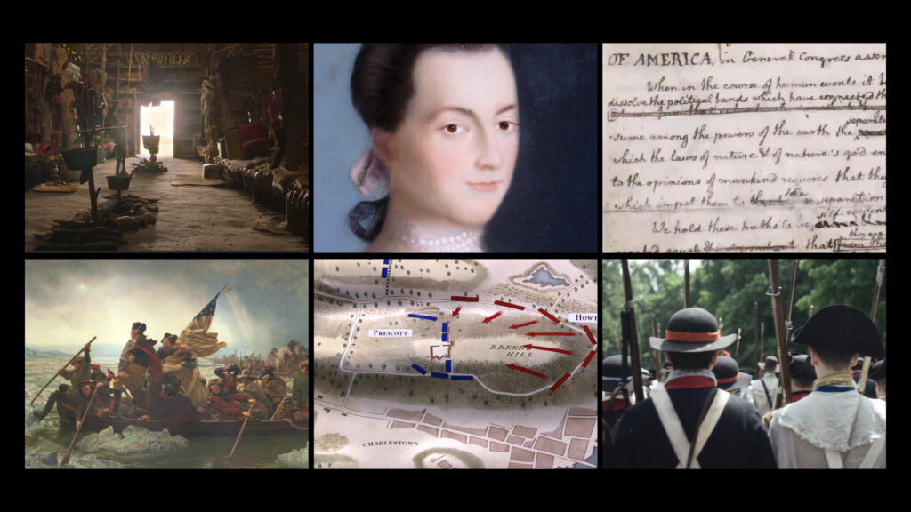 grid of screenshots from the American Revolution film