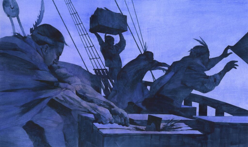 Watercolor of Boston Tea Party, illustration by Wood Ronsaville Harlin, Inc