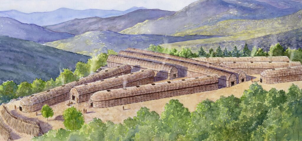 Watercolor of Mohawk Village Garoga, illustration by Wood Ronsaville Harlin, Inc