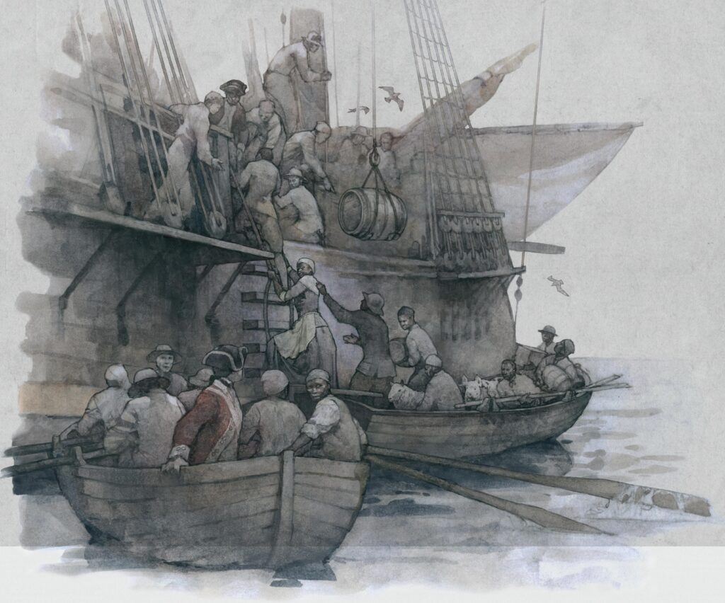 Watercolor of African Americans board a ship, illustration by Wood Ronsaville Harlin, Inc