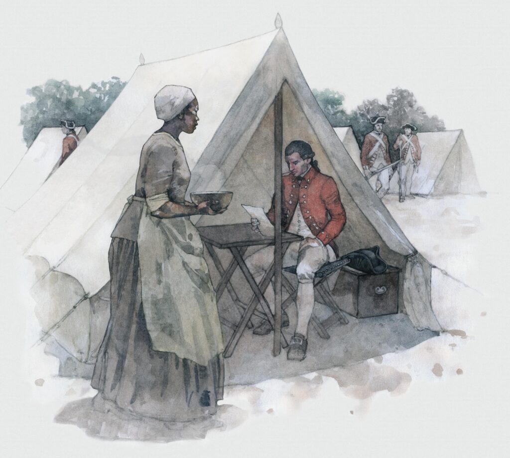 Watercolor of an African American woman serves a British officer at a tent, illustration by Wood Ronsaville Harlin, Inc