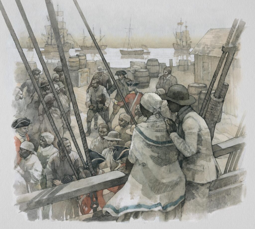 Watercolor of African Americans aboard a British ship, illustration by Wood Ronsaville Harlin, Inc