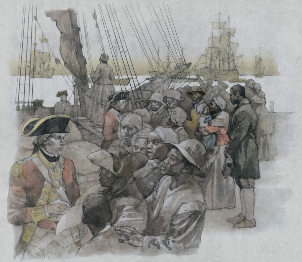 Watercolor of African Americans aboard a British ship, illustration by Wood Ronsaville Harlin, Inc