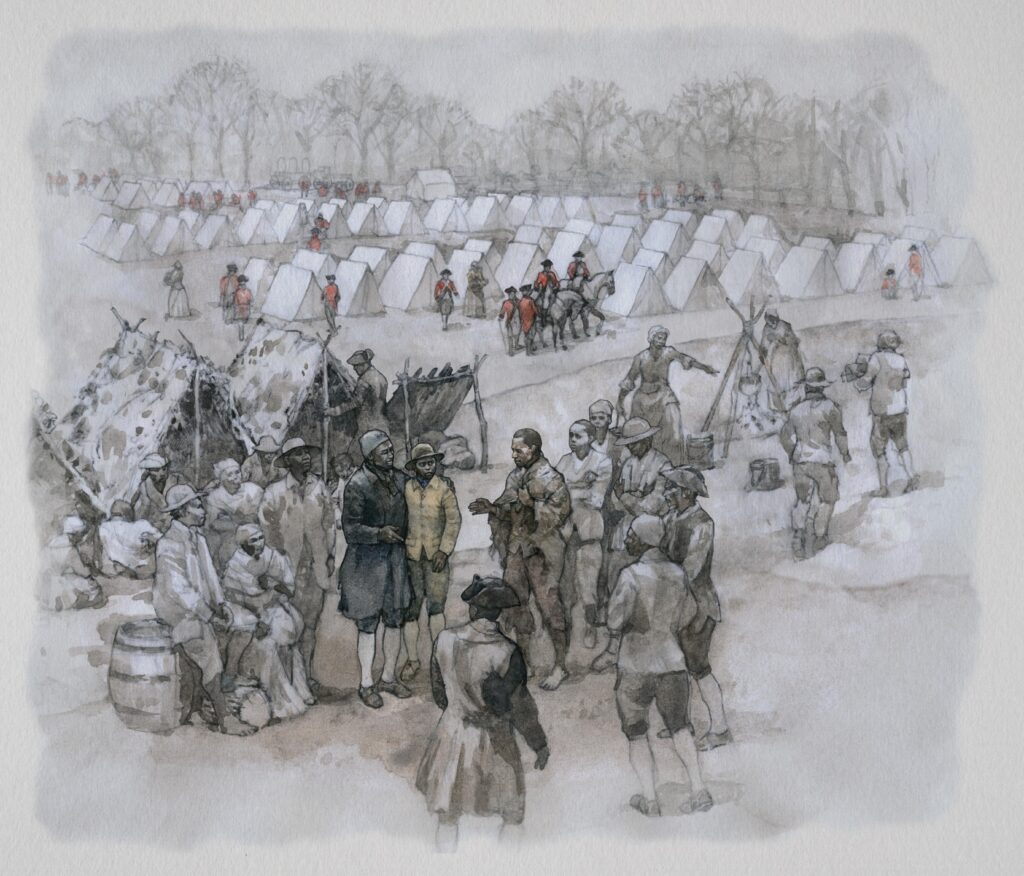 Watercolor of African Americans at a British camp, illustration by Wood Ronsaville Harlin, Inc