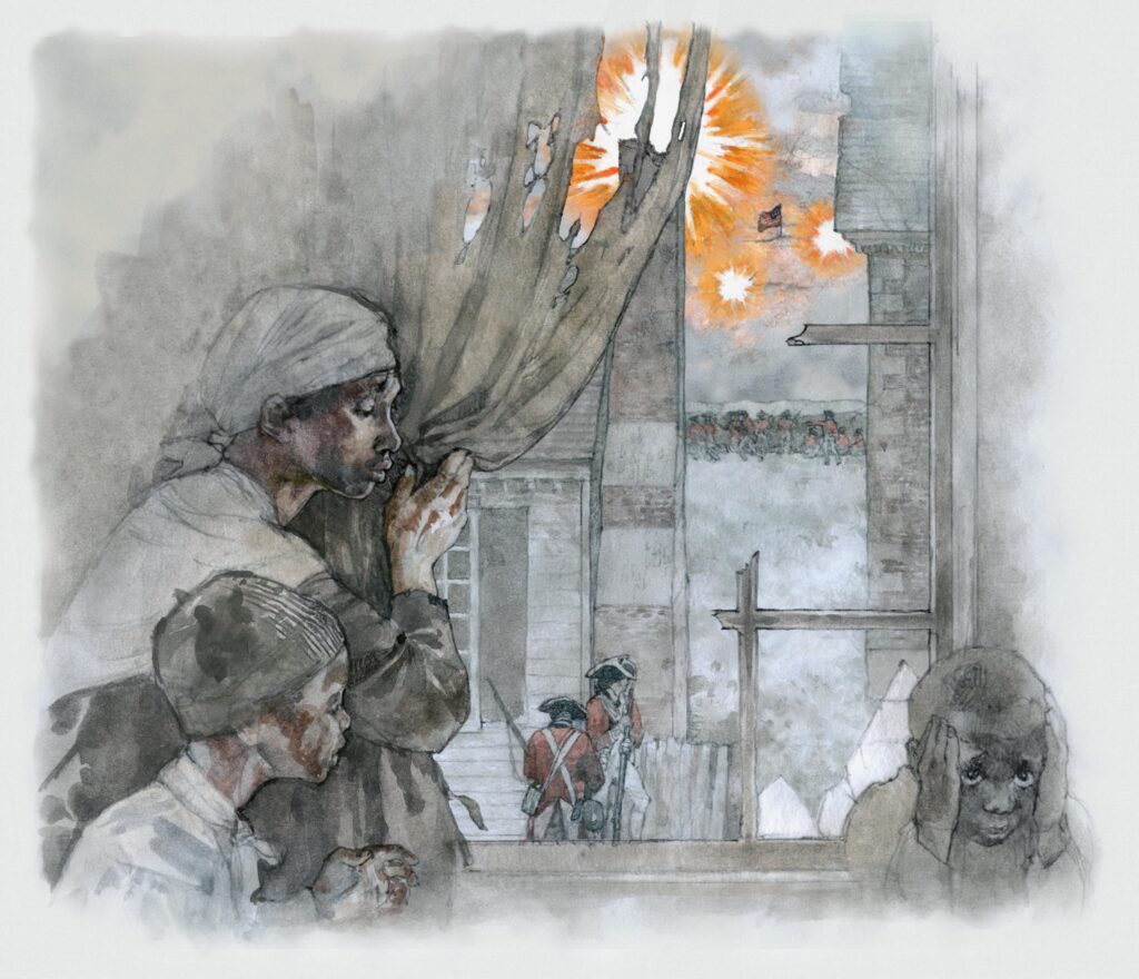 Watercolor of African Americans sheltering indoors as a battle occurs outside, illustration by Wood Ronsaville Harlin, Inc