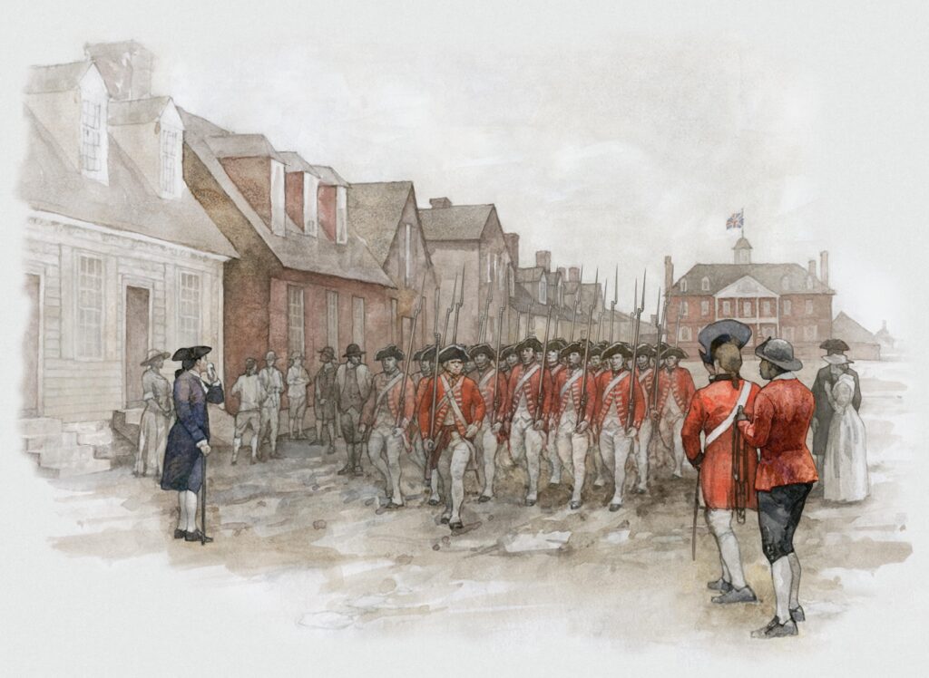 Watercolor of a British regiment conducting drills, illustration by Wood Ronsaville Harlin, Inc