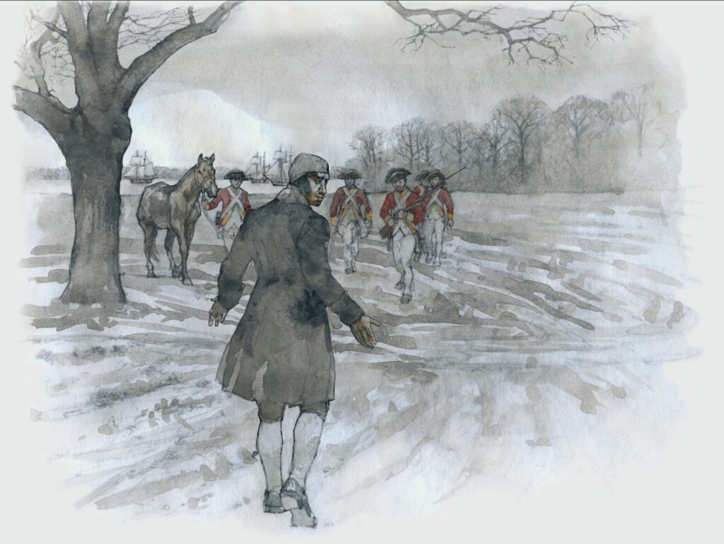 Watercolor of An African American man standing before British soldiers, illustration by Wood Ronsaville Harlin, Inc