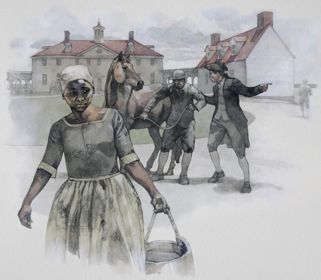 Watercolor of African Americans at Mount Vernon, illustration by Wood Ronsaville Harlin, Inc