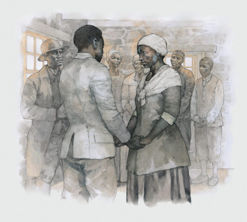 Watercolor of African American wedding, illustration by Wood Ronsaville Harlin, Inc