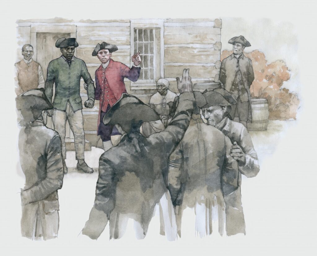 Watercolor of African Americans being sold, illustration by Wood Ronsaville Harlin, Inc