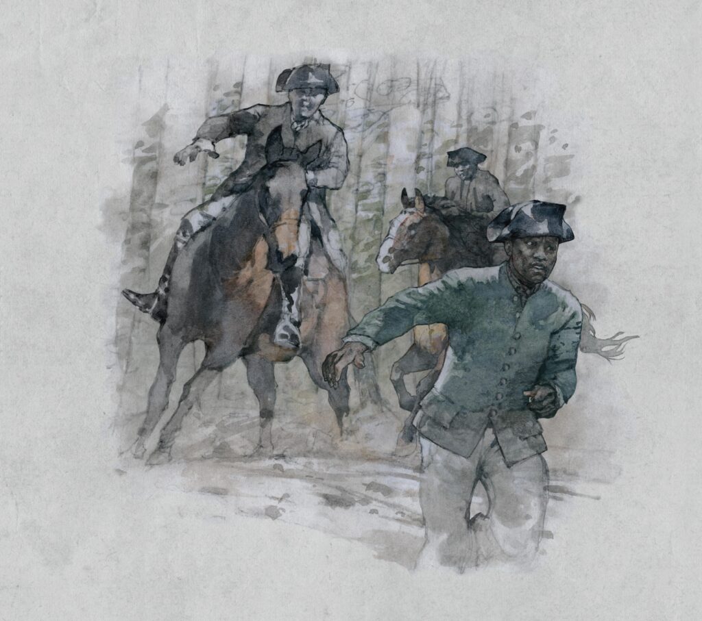 Watercolor of African American being chased, illustration by Wood Ronsaville Harlin, Inc