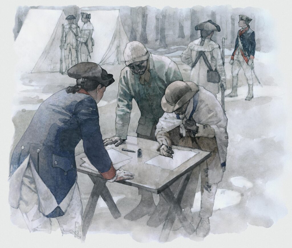 Watercolor of African Americans enlist in the army, illustration by Wood Ronsaville Harlin, Inc