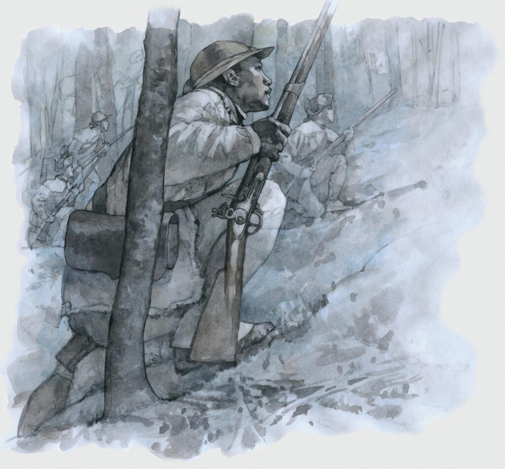 Watercolor of African American soldiers, illustration by Wood Ronsaville Harlin, Inc