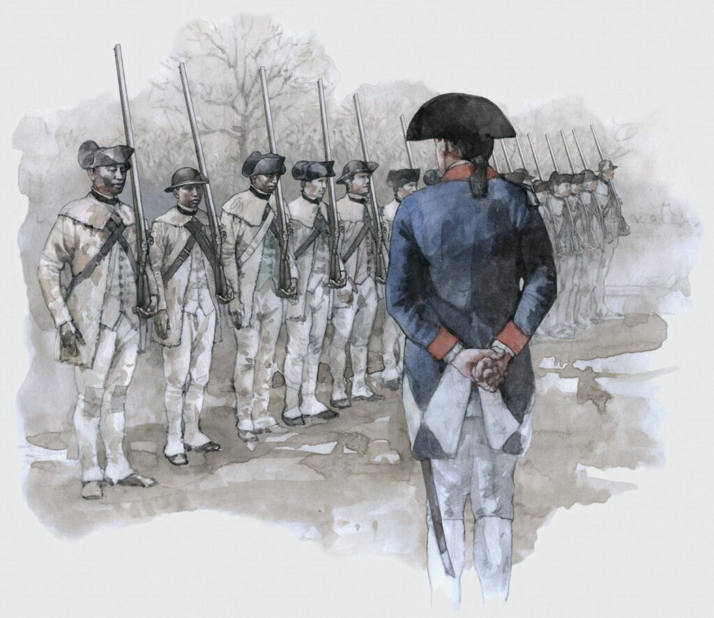 Watercolor of African American soldiers, illustration by Wood Ronsaville Harlin, Inc