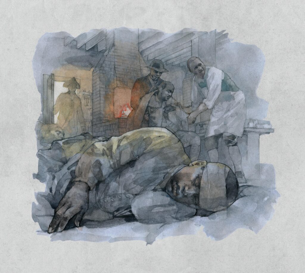 Watercolor of African Americans at camp, illustration by Wood Ronsaville Harlin, Inc