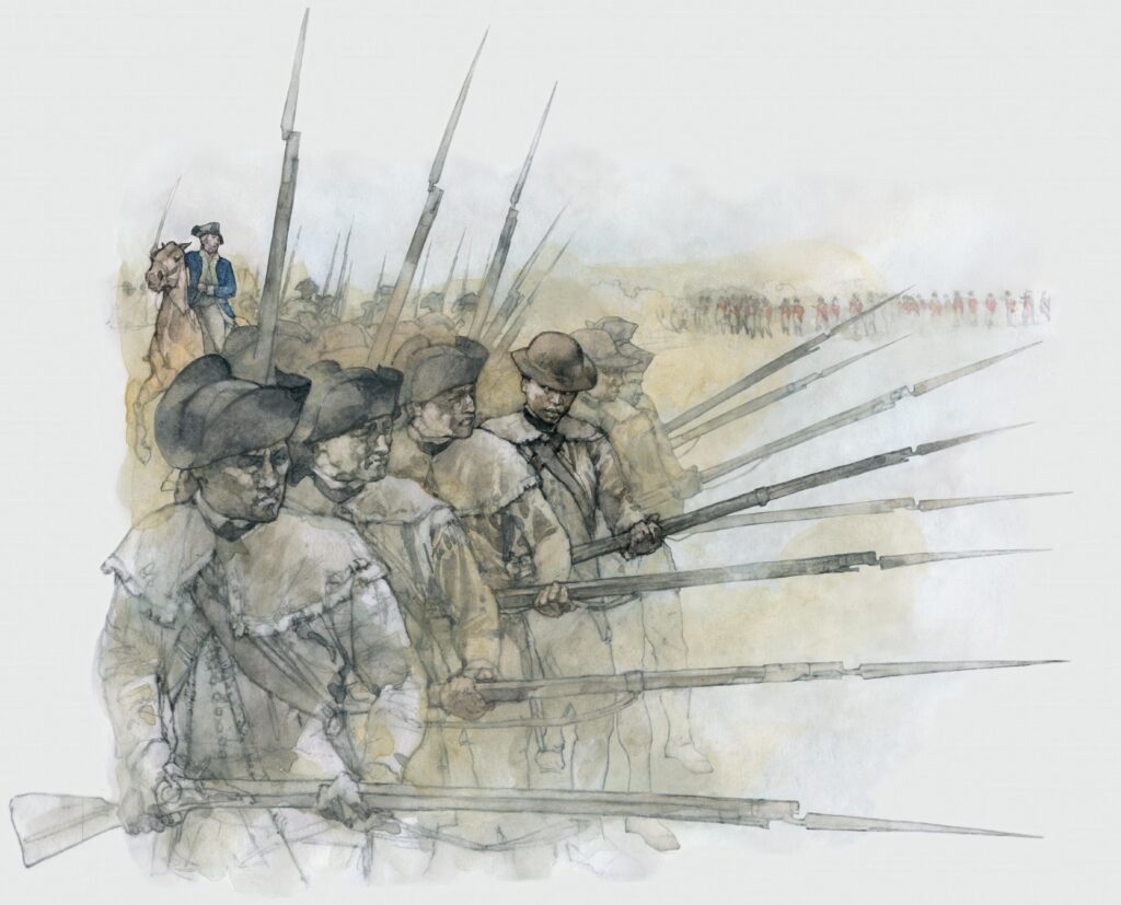 Watercolor of African Americans standing in line ready for battle, illustration by Wood Ronsaville Harlin, Inc