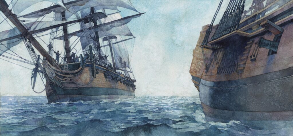 Watercolor of a ship with the American flag, illustration by Wood Ronsaville Harlin, Inc