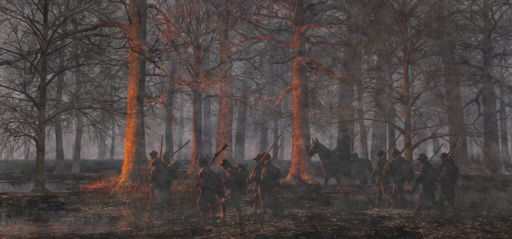 Watercolor of Revolutionary War Patriots, illustration by Wood Ronsaville Harlin, Inc