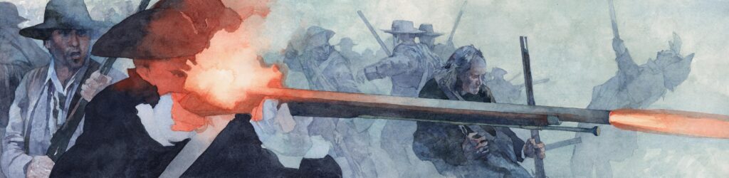 Watercolor of American militia firing muskets, illustration by Wood Ronsaville Harlin, Inc