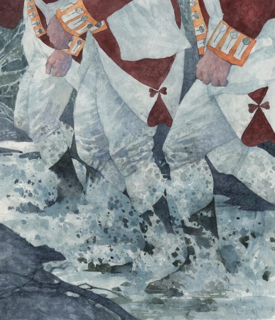 Watercolor of British soldiers landing, illustration by Wood Ronsaville Harlin, Inc