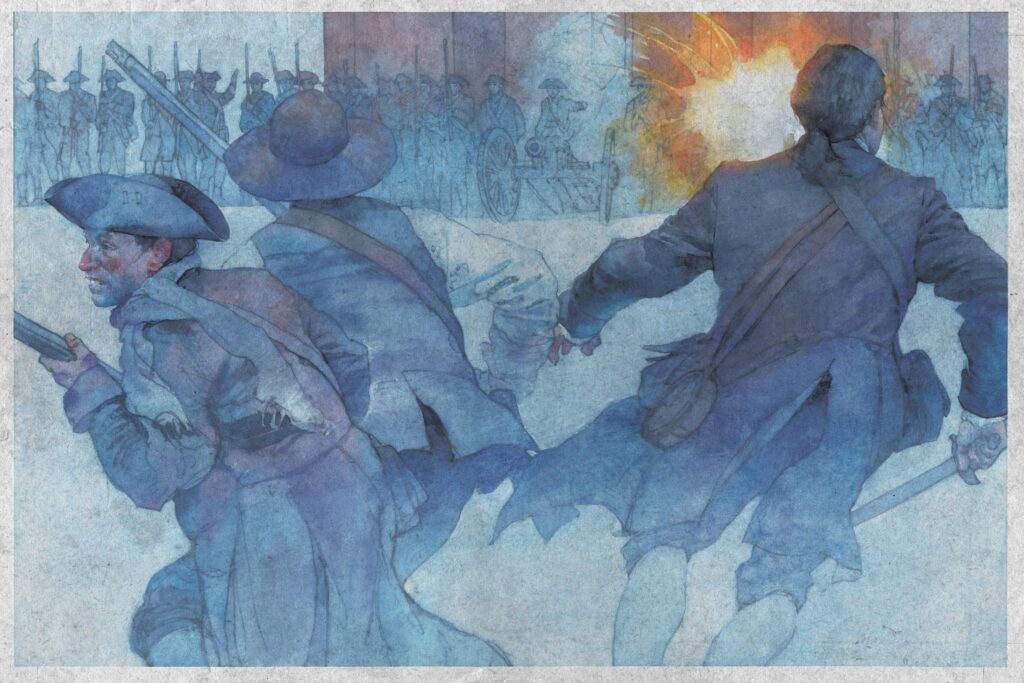 Watercolor of Battle Scene, illustration by Wood Ronsaville Harlin, Inc