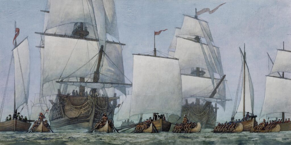Watercolor of Burgoyne's Invasion Fleet Lake Champlain, 1777, illustration by Wood Ronsaville Harlin, Inc