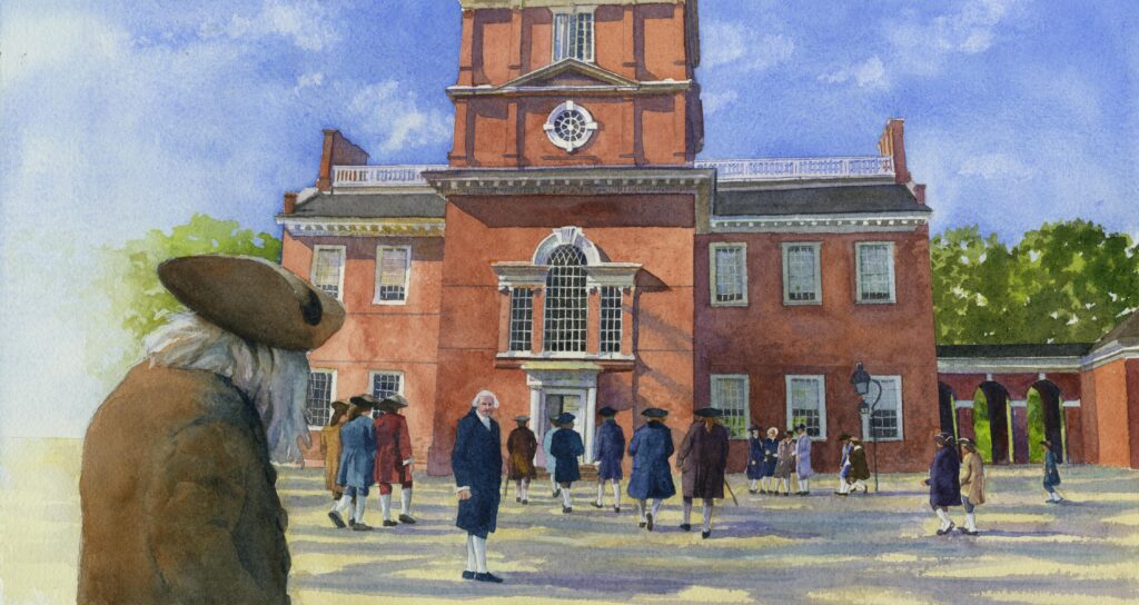 Watercolor of Independence Hall in Philadelphia, Pennsylvania with delegates for the Constitutional Convention in 1787, illustration by Wood Ronsaville Harlin, Inc