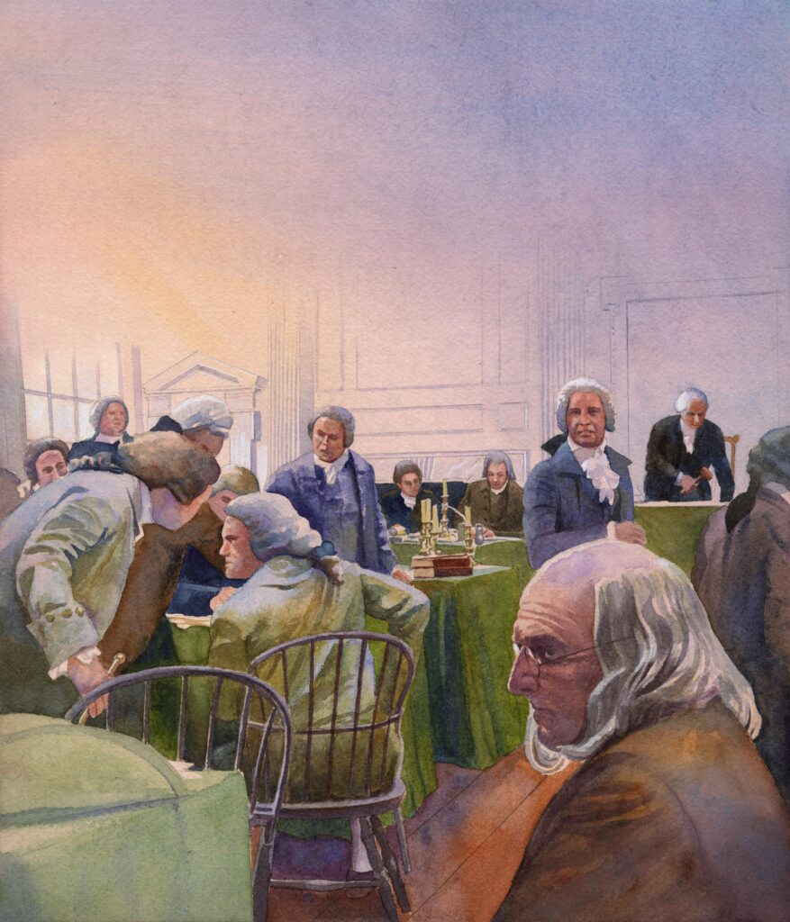 Watercolor of Benjamin Franklin with other delegates at the Constitutional Convention in Philadelphia in 1787, illustration by Wood Ronsaville Harlin, Inc