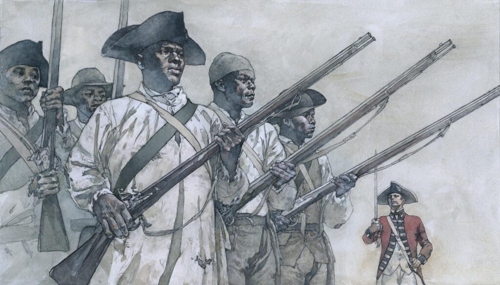 Watercolor of Dunmore Black Ethiopian Regiment Soldiers, illustration by Wood Ronsaville Harlin, Inc