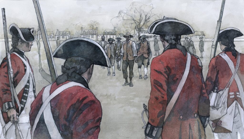 Watercolor of The war in the South, enslaved people leaving to join the British army, illustration by Wood Ronsaville Harlin, Inc