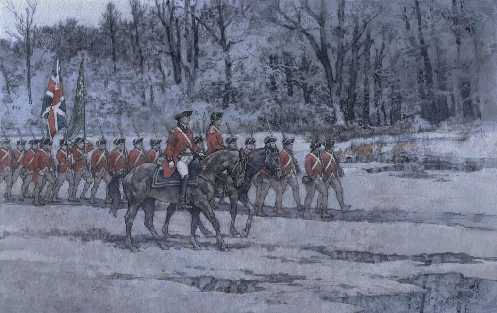 Watercolor of Benedict Arnold’s march to Richmond, illustration by Wood Ronsaville Harlin, Inc