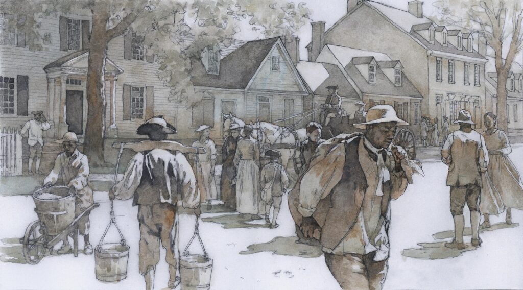 Watercolor of Southern street scene, illustration by Wood Ronsaville Harlin, Inc