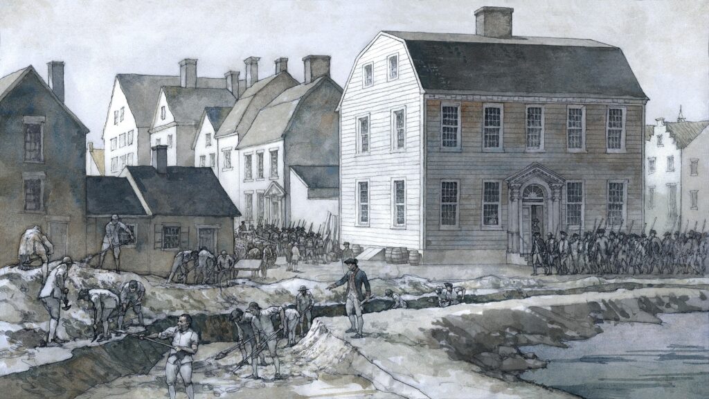 Watercolor of Continental Army occupying New York City in 1776 illustration by Wood Ronsaville Harlin, Inc