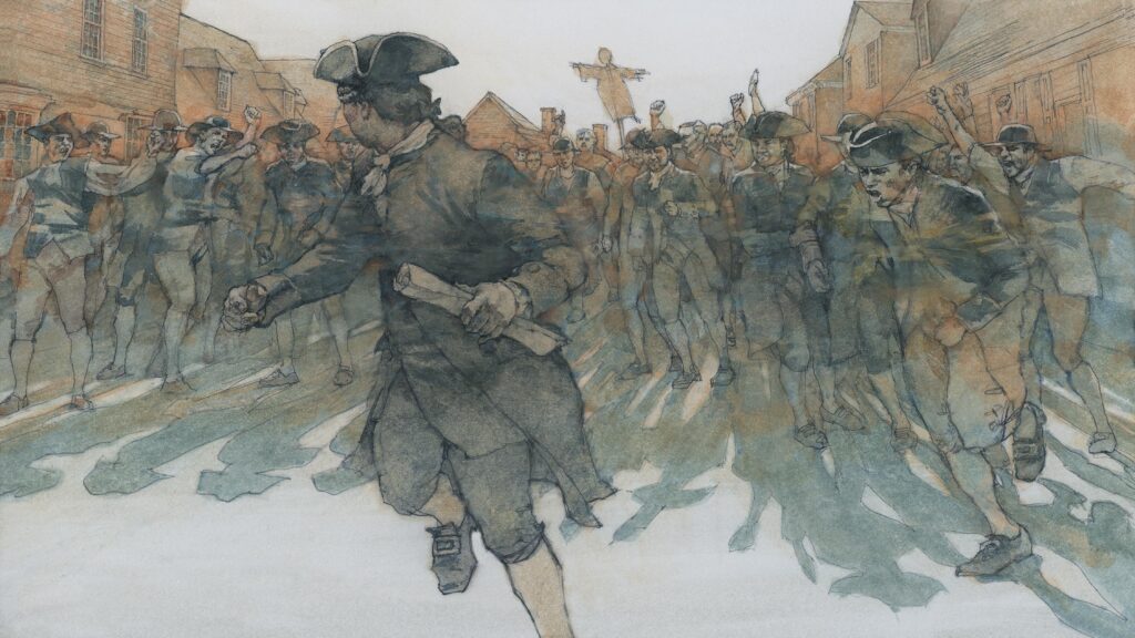 Watercolor of Angry Mob illustration by Wood Ronsaville Harlin, Inc