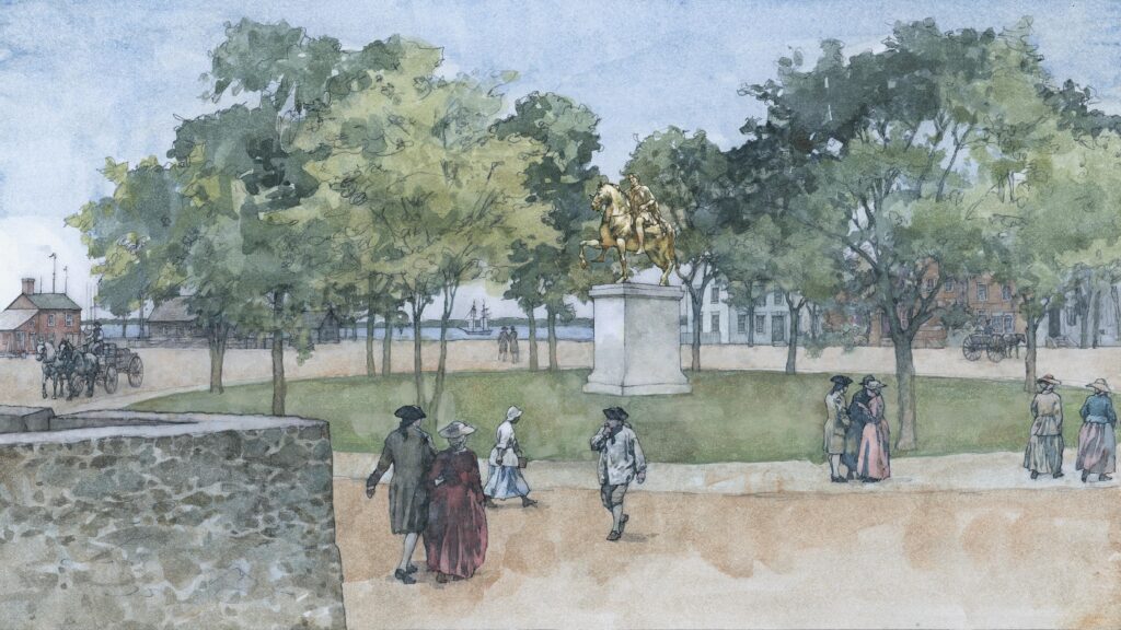 Watercolor of Statue of King George III in Bowling Green illustration by Wood Ronsaville Harlin, Inc