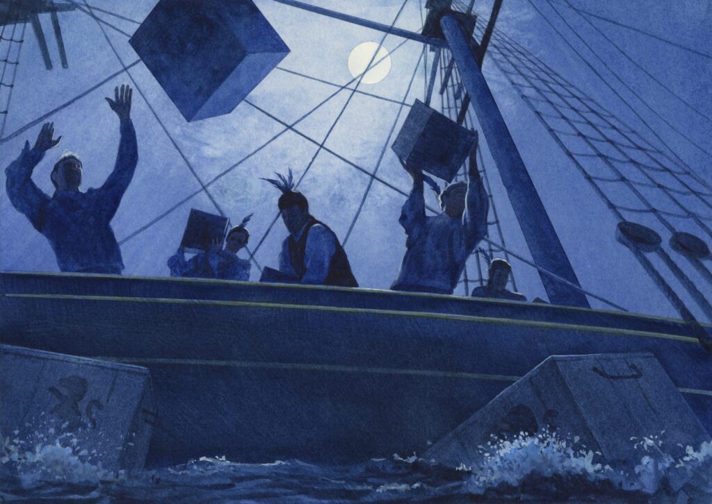 Watercolor of Boston Tea Party illustration by Wood Ronsaville Harlin, Inc