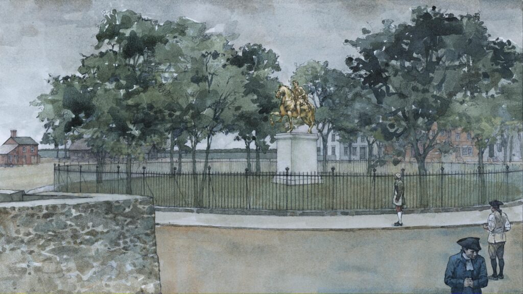 Watercolor of Statue of King George III illustration by Wood Ronsaville Harlin, Inc
